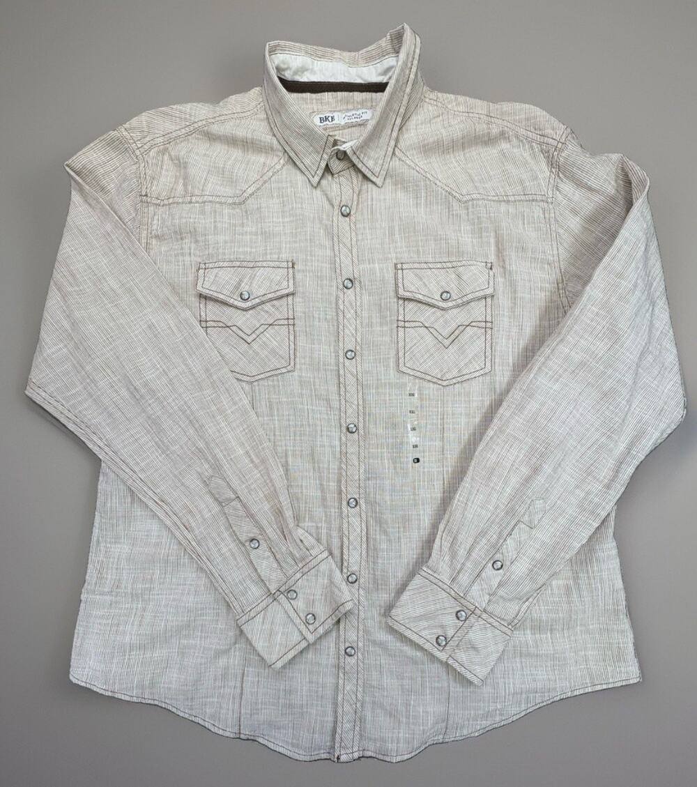 BKE Men’s 2XL Athletic Fit Western Pearl Snap Shirt Textured Striped Cream Brown